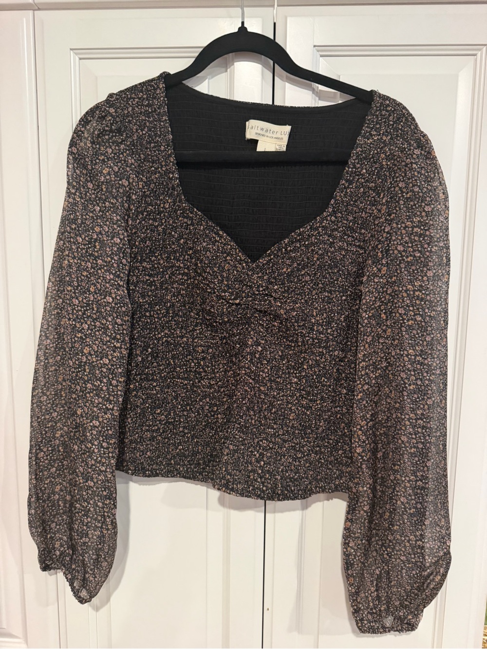 Saltwater Lux Black Floral Long Sleeve Smocked Top
